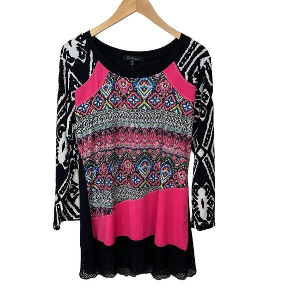 Calessa Top Womens Medium Multicolor Boho Tunic Pink Black Crochet Hem Festival - Picture 1 of 9